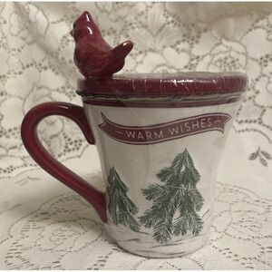 St. Nicholas Square Snowman Coffee Mug with Cardinal Lid Red White